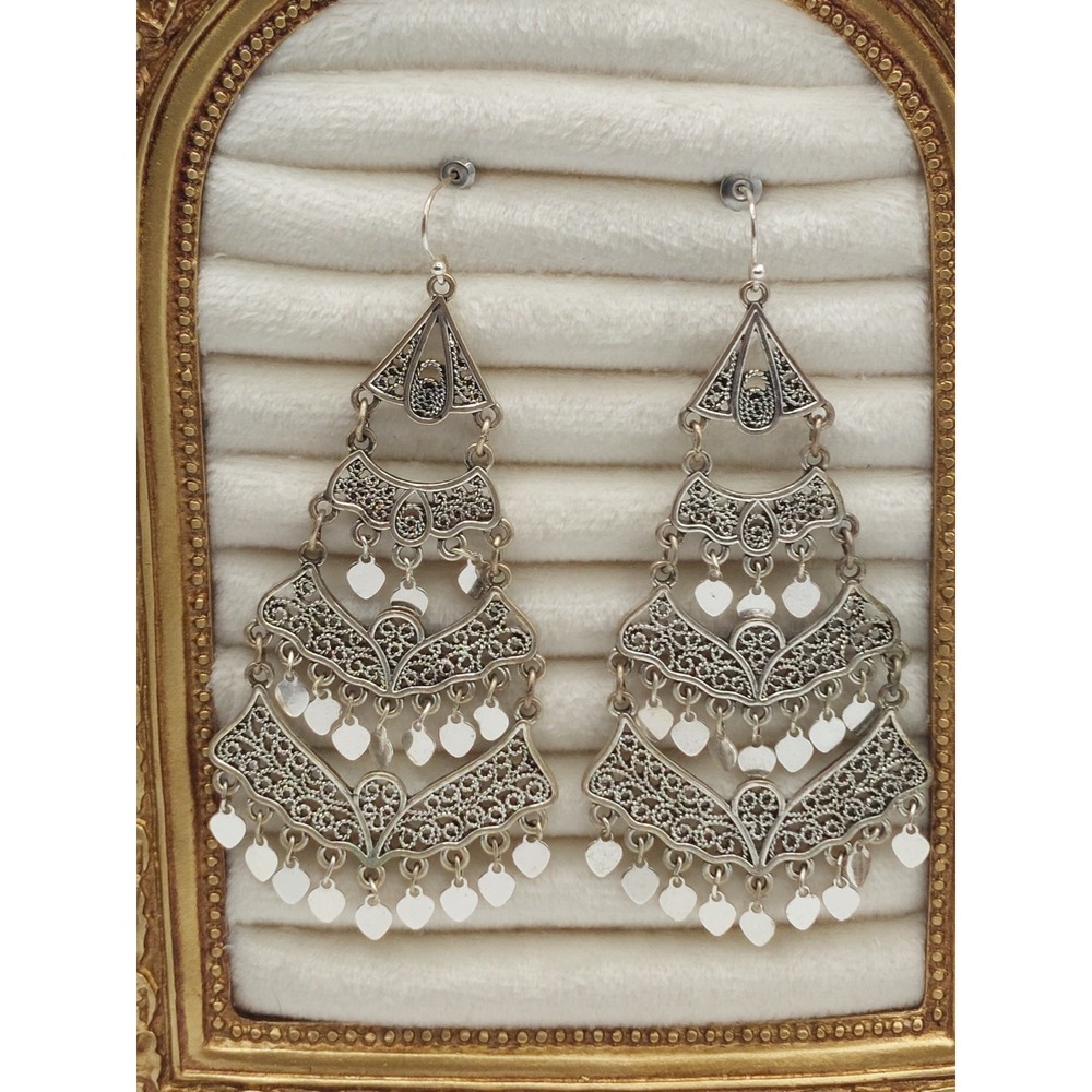 Y2K Filigree Chandelier Earrings Silver Tone Dangling Hearts Boho Festival Retro